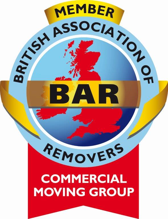 British Association of Removers (BAR) Commercial Moving Group member logo featuring a red UK map inside a blue circle with a gold ribbon banner at the top and a red ribbon at the bottom reading “Commercial Moving Group”.